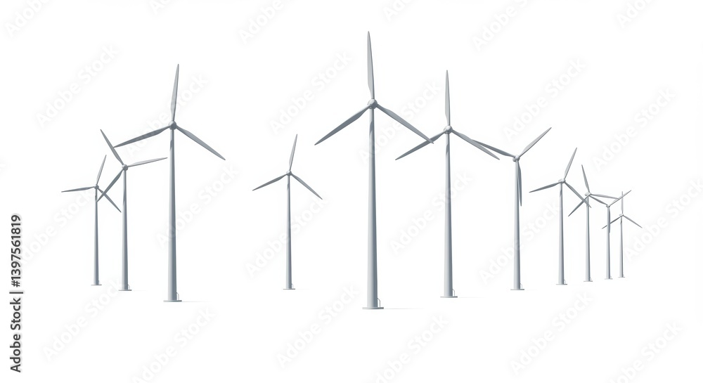 Serene Wind Turbine Array against a Crisp White Backdrop Illuminating Sustainable Energy Serene Wind Turbine Array against a Crisp White Backdrop Illuminating Sustainable Energy