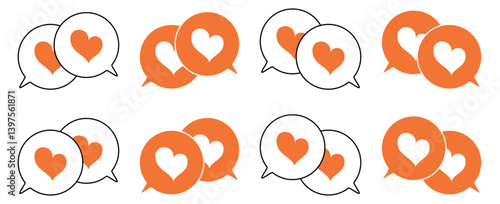 シンプルな重なる吹き出し セット 伝え合うハートマーク 橙色