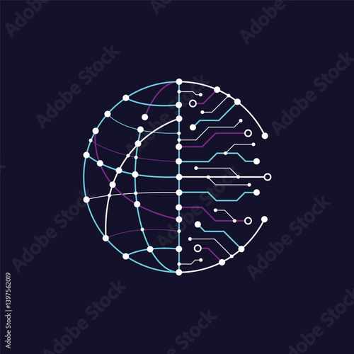 Logo of global made of circuit lines with technology big data flowing. Vector illustration