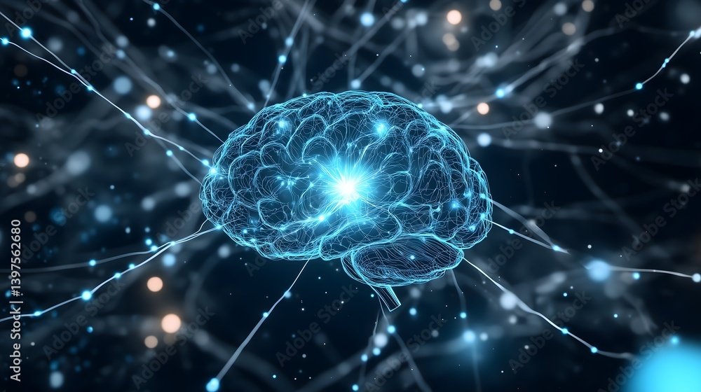 Brain's Electrifying Network: A luminous display of a human brain, interconnected by a complex network of glowing neurons, showcasing the marvels of the mind and intelligence. Brain's Electrifying Network: A luminous display of a human brain, interconnected by a complex network of glowing neurons, showcasing the marvels of the mind and intelligence.