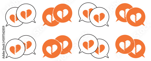 シンプルな重なる吹き出し セット 割れたハートマーク 橙色