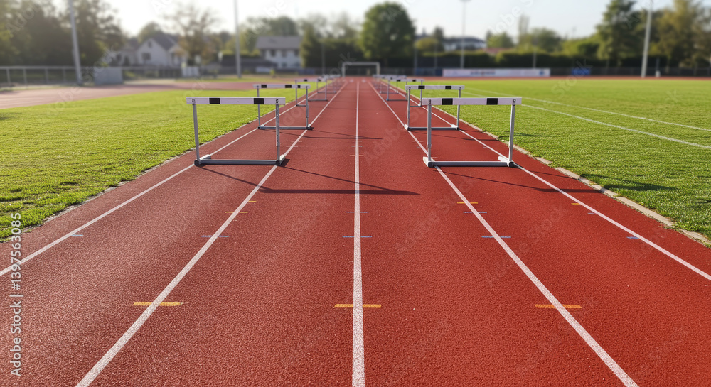 Fototapeta premium Running Track with Hurdles - A red running track with hurdles set up for a race. Sunlight illuminates the scene