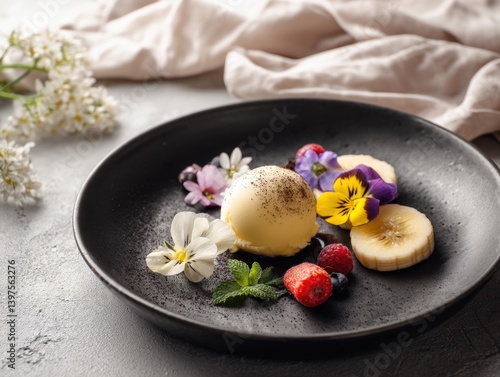 Wallpaper Mural A gourmet dessert, a symphony of flavors and textures, meticulously arranged on a stylish black plate, the artwork evokes feelings of indulgence and pleasure. Torontodigital.ca