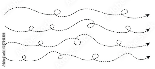 Set of long squiggle dashed, dotted line arrows vector icons
