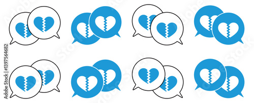 シンプルな重なる吹き出し セット 割れたハートマーク 水色