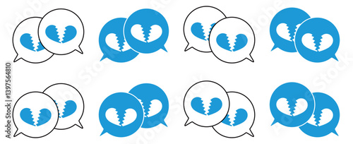 シンプルな重なる吹き出し セット 割れたハートマーク 水色