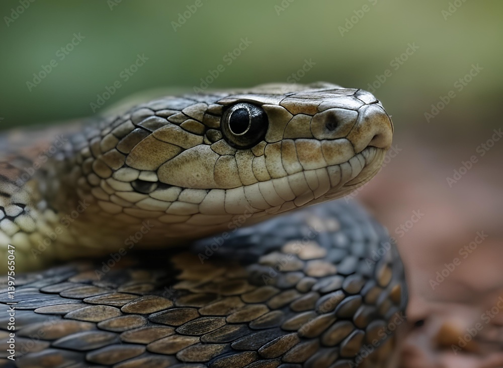 Close-Up Macro Shot of a Coiled Snake with Detailed Scales and Intense Eye in Natural Habitat Close-Up Macro Shot of a Coiled Snake with Detailed Scales and Intense Eye in Natural Habitat
