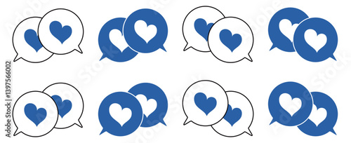 シンプルな重なる吹き出し セット 伝え合うハートマーク 青色