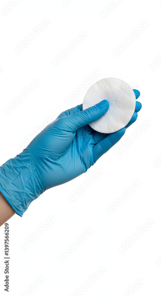 Fototapeta premium Close-up of a hand wearing a blue nitrile glove holding a white cotton pad. Concept for medical procedure, hygiene, skincare, cosmetic application, cleaning, or laboratory work.