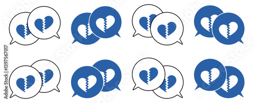 シンプルな重なる吹き出し セット 割れたハートマーク 青色