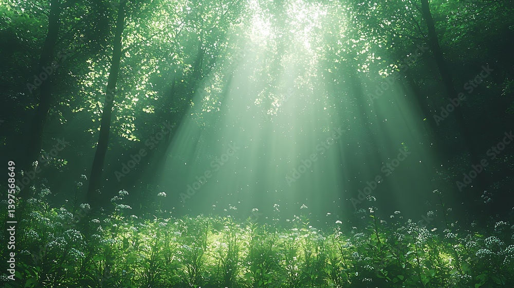 Sunlight Streaming Through Woodland Canopy with Flowers in Green Meadow Sunlight Streaming Through Woodland Canopy with Flowers in Green Meadow