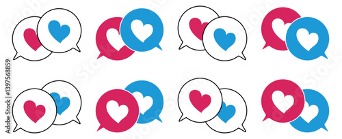 シンプルな重なる吹き出し セット 伝え合うハートマーク カラフル 赤色&青色