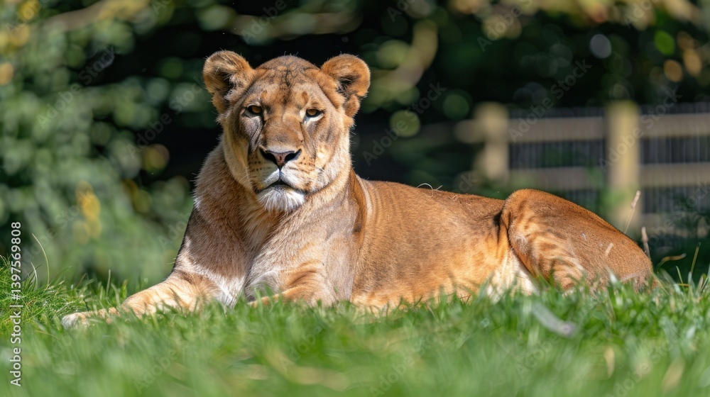 A majestic lioness rests gracefully in lush green grass, gazing intently at the camera. A majestic lioness rests gracefully in lush green grass, gazing intently at the camera.