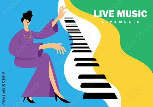 The pianist woman is playing, vector illustration, music festival poster design, concert flyer	
