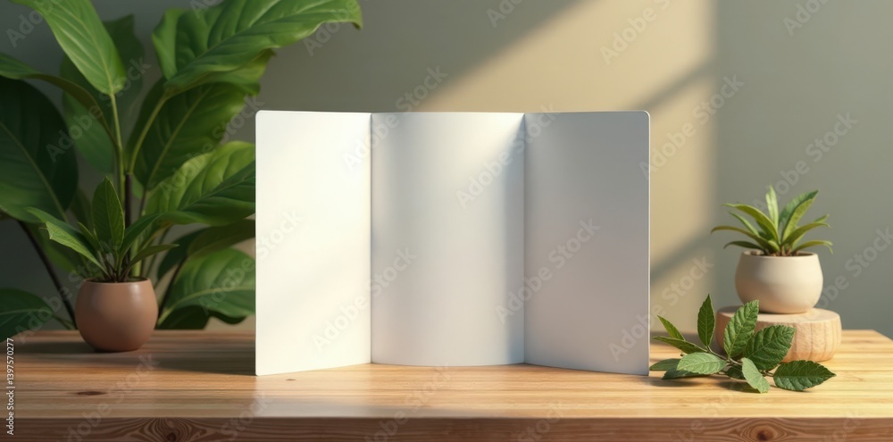 A trifold brochure mockup on a wooden table with natural light, displaying marketing materials and foliage,, marketing, , natural A trifold brochure mockup on a wooden table with natural light, displaying marketing materials and foliage,, marketing, , natural