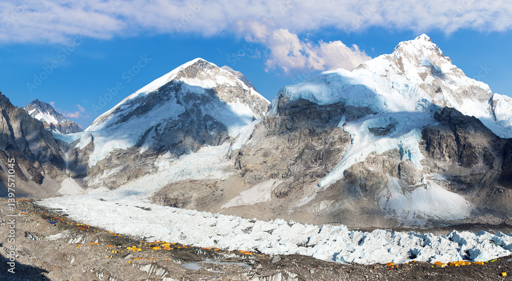 View of Mount Everest base camp with a lot of tents