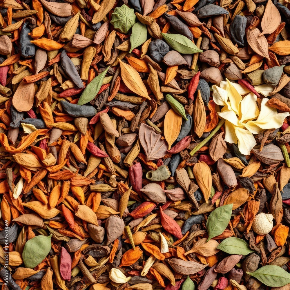 A diverse collection of loose leaf teas in various colors and textures, antioxidant, organic A diverse collection of loose leaf teas in various colors and textures, antioxidant, organic