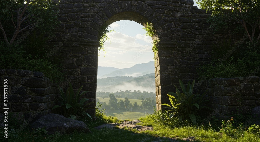 Stone Archway to Misty Mountains - A stone archway in overgrown ruins frames a scenic view of misty mountains and a tranquil valley Stone Archway to Misty Mountains - A stone archway in overgrown ruins frames a scenic view of misty mountains and a tranquil valley