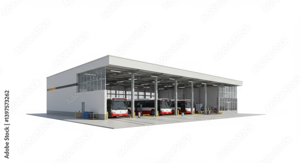 Sleek modern bus depot showcasing functional design with multiple bays against stark white background