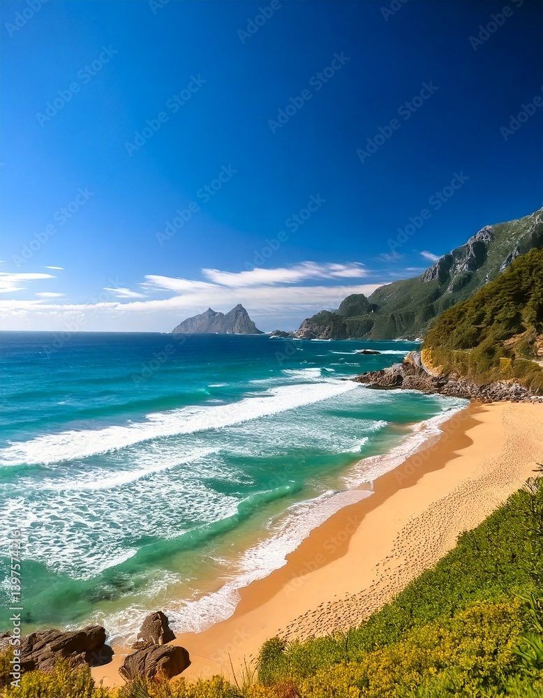 Obraz premium Beautiful tropical beach with palm trees, sunset beach seascape, design template for travel banner.