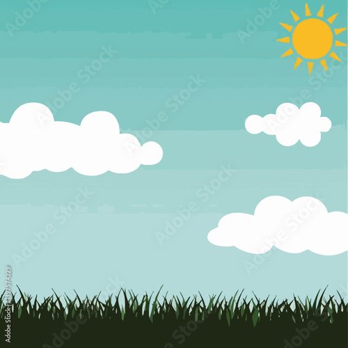 Sunny Sky with Clouds and Grass Landscape. Vector Image