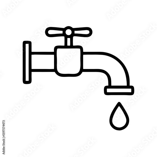 Leaking faucet with dripping water line art illustration  