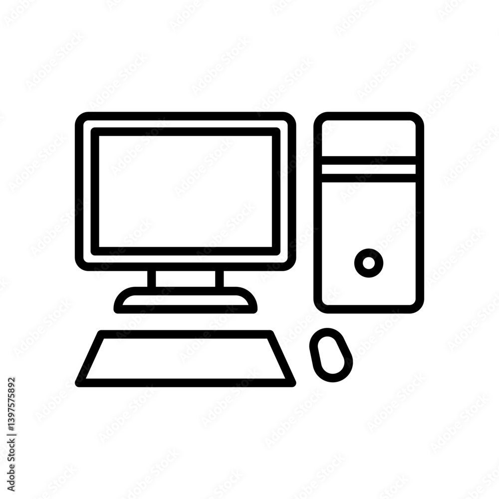 Minimal Line Icon of a Desktop Computer Setup on White Background Minimal Line Icon of a Desktop Computer Setup on White Background