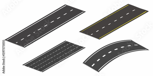 Isometric Road Sections Collection. Vector Image