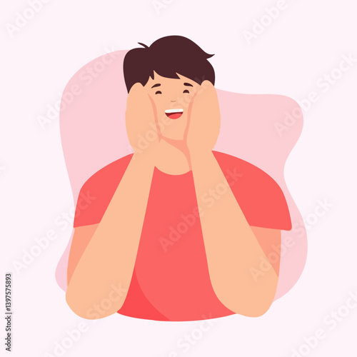 Joyful Young Man Holding Cheeks. Vector Image