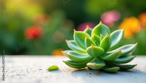 A small succulent plant with thick fleshy leaves and flowers in the background on white surface, garden, succulent