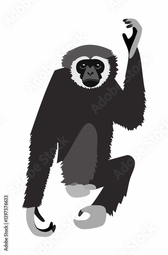 Gibbon Sitting and Raising One Arm. Vector Image