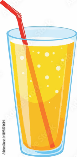 Glass of bubbly yellow beverage with straw. Vector Image
