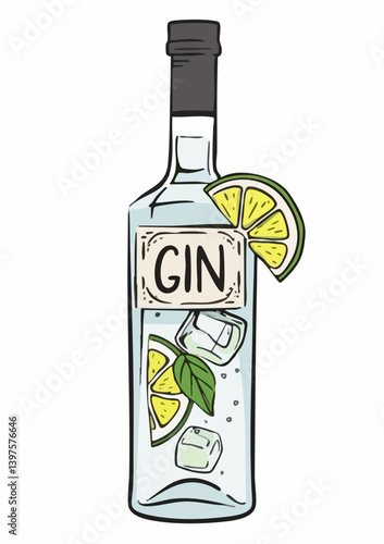 Gin bottle with ice and citrus fruits illustration. Vector Image