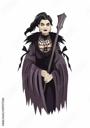 Dark sorceress with staff illustration. Vector Image