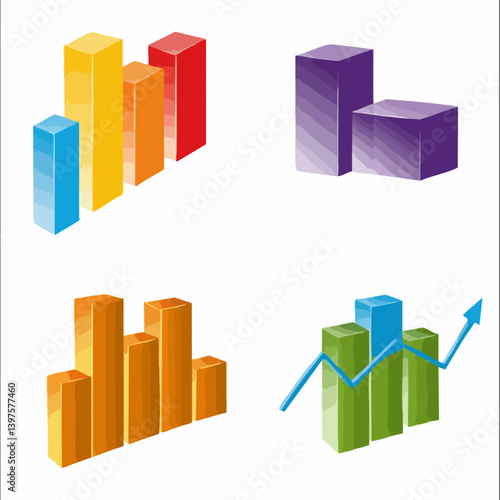 Colorful 3D Bar Charts and Growth Graph Set. Vector Image
