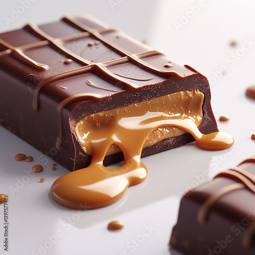 Chocolate bar broken with caramel filling small chcocolate in to two halves in the white background with chcocolate blast in the background
