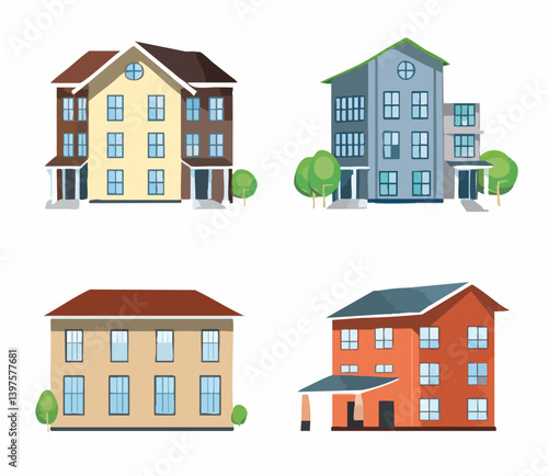 Collection of illustrated residential buildings. Vector Image