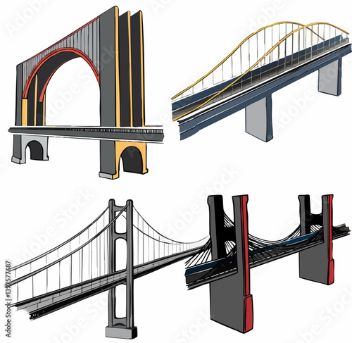 Collection of Four Bridge Designs. Vector Image