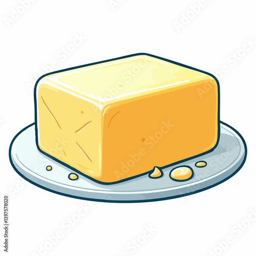 Cartoon Butter Pat on Dish. Vector Image