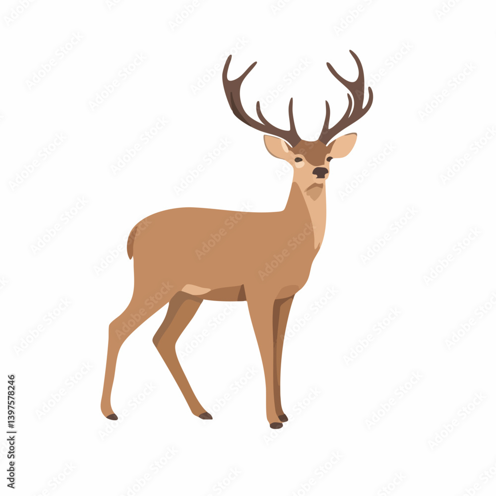 Obraz premium Brown Deer with Large Antlers Standing Side View. Vector Image