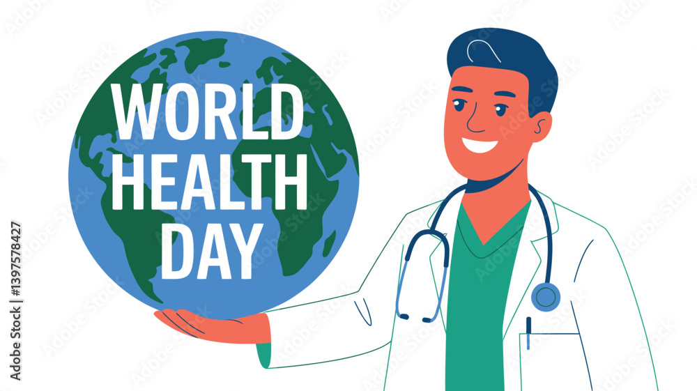 World Health Day vector illustration in flat design showing medical professionals, heart health, stethoscope, and healthcare icons – perfect for hospital, clinic, wellness, and medical campaign design World Health Day vector illustration in flat design showing medical professionals, heart health, stethoscope, and healthcare icons – perfect for hospital, clinic, wellness, and medical campaign design