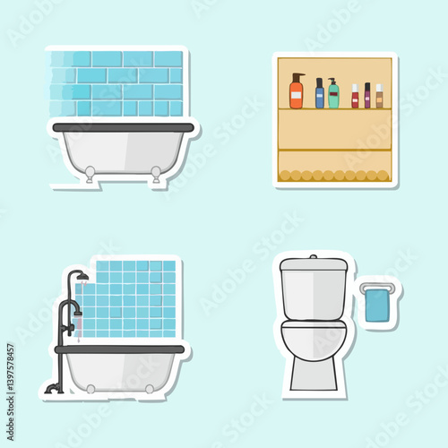Bathroom fixtures and toiletries sticker set. Vector Image