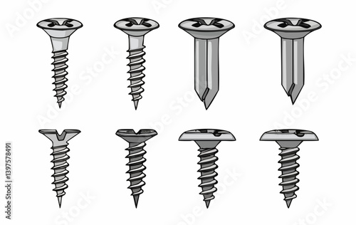Assortment of Metal Screws and Bolts Illustrations. Vector Image