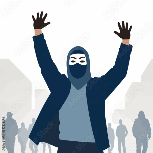 Masked protester raising hands in dynamic pose, symbolizing unity