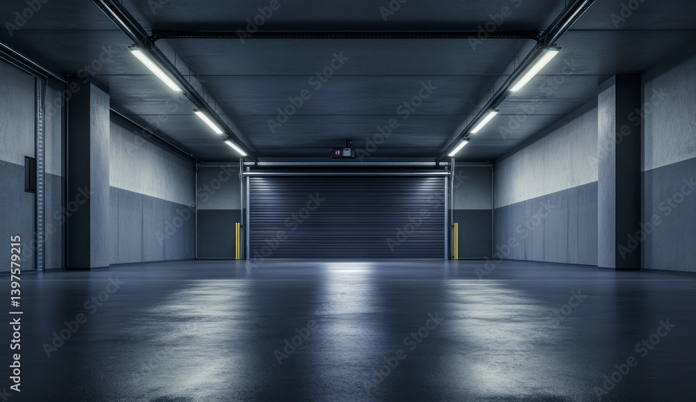 Obraz premium Empty Loading Dock Interior with Closed Shutter Door and Concrete Floor