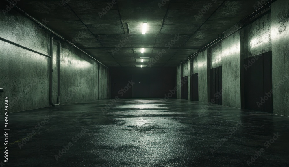 Dimly Lit Concrete Tunnel with Reflective Floor and Dark Doors Dimly Lit Concrete Tunnel with Reflective Floor and Dark Doors