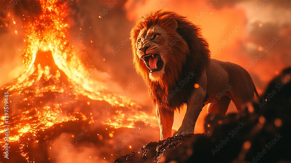 Naklejka premium Majestic Lion Roaring Before Volcanic Eruption