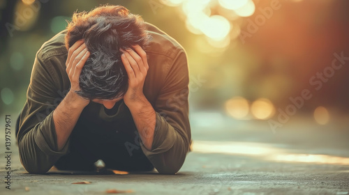 Businessman feels headache and tired while resting outdoors in a park