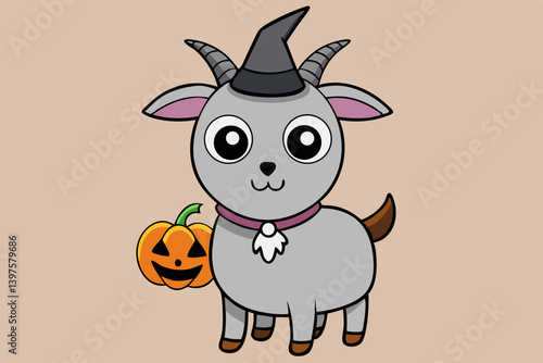 A charming grey goat in a witch's hat, clutching a friendly jack-o'-lantern, ready for a spooky yet sweet Halloween, with a simple, cartoonish style.