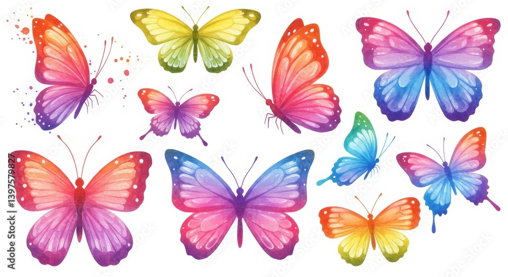 Watercolor Butterfly Collection: Vibrant Hues and Delicate Patterns - A collection of watercolor butterflies, symbolizing beauty, transformation, freedom, grace Watercolor Butterfly Collection: Vibrant Hues and Delicate Patterns - A collection of watercolor butterflies, symbolizing beauty, transformation, freedom, grace
